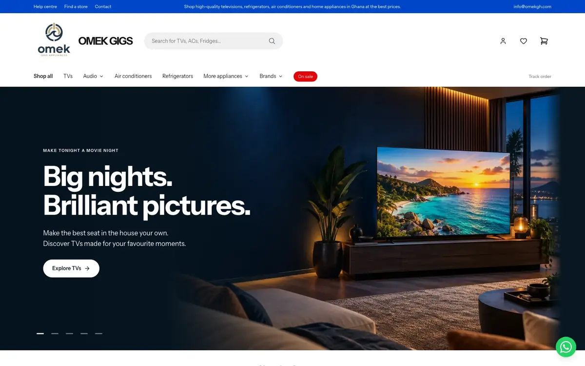 Omek Gigs Appliances homepage with its logo, white navigation and Big nights. Brilliant pictures. television hero.