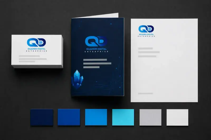 Quadem Digital brand identity kit: business cards, brochure, letterhead and colour palette