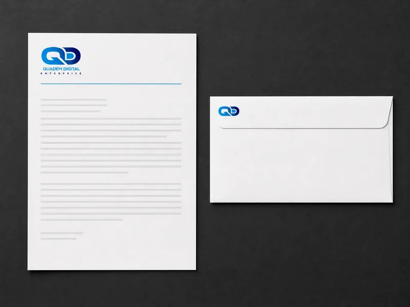 Quadem Digital letterhead and envelope with the QD logo