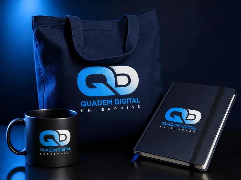 Quadem Digital tote bag, mug and notebook carrying the QD logo