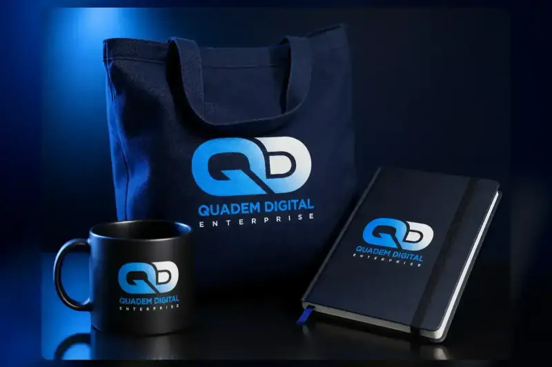 Quadem Digital branded tote bag, mug and notebook
