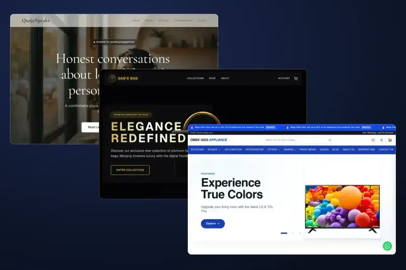Three websites built by Quadem Digital: Omek Gigs Appliance, San’s Bag and QuajoSpeaks