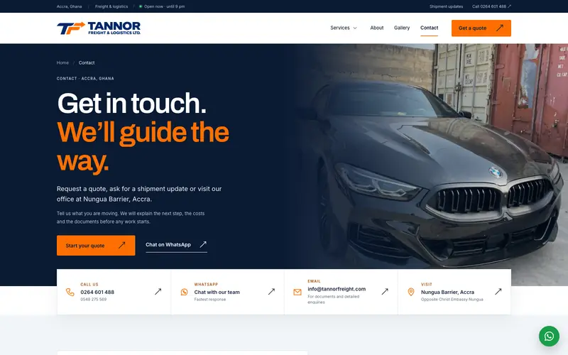 Tannor Freight contact page with call, WhatsApp, email and office address cards under the heading "Get in touch."