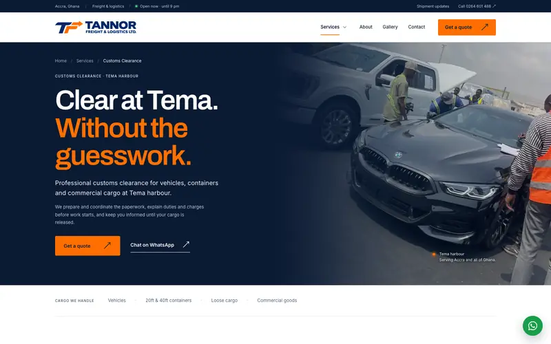 Tannor Freight customs clearance page: "Clear at Tema. Without the guesswork." beside staff inspecting cars at the port.