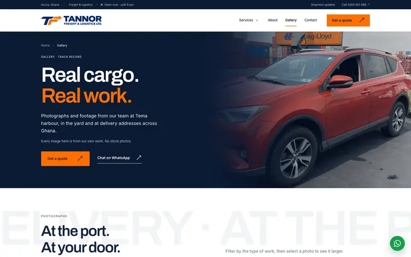 Tannor Freight gallery page: "Real cargo. Real work." beside a red SUV among shipping containers.