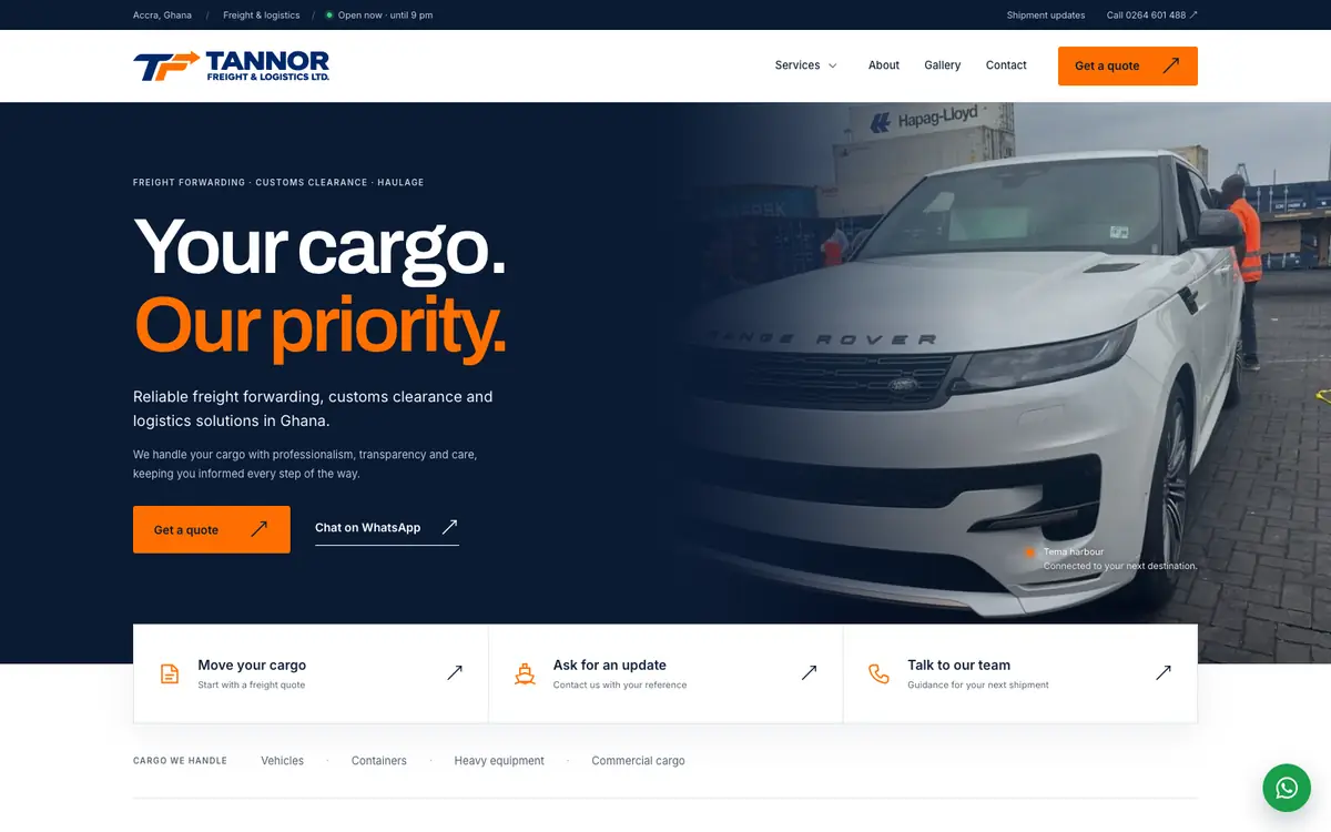 Tannor Freight & Logistics homepage: "Your cargo. Our priority." beside a white SUV at the harbour, with Get a quote and Chat on WhatsApp buttons.