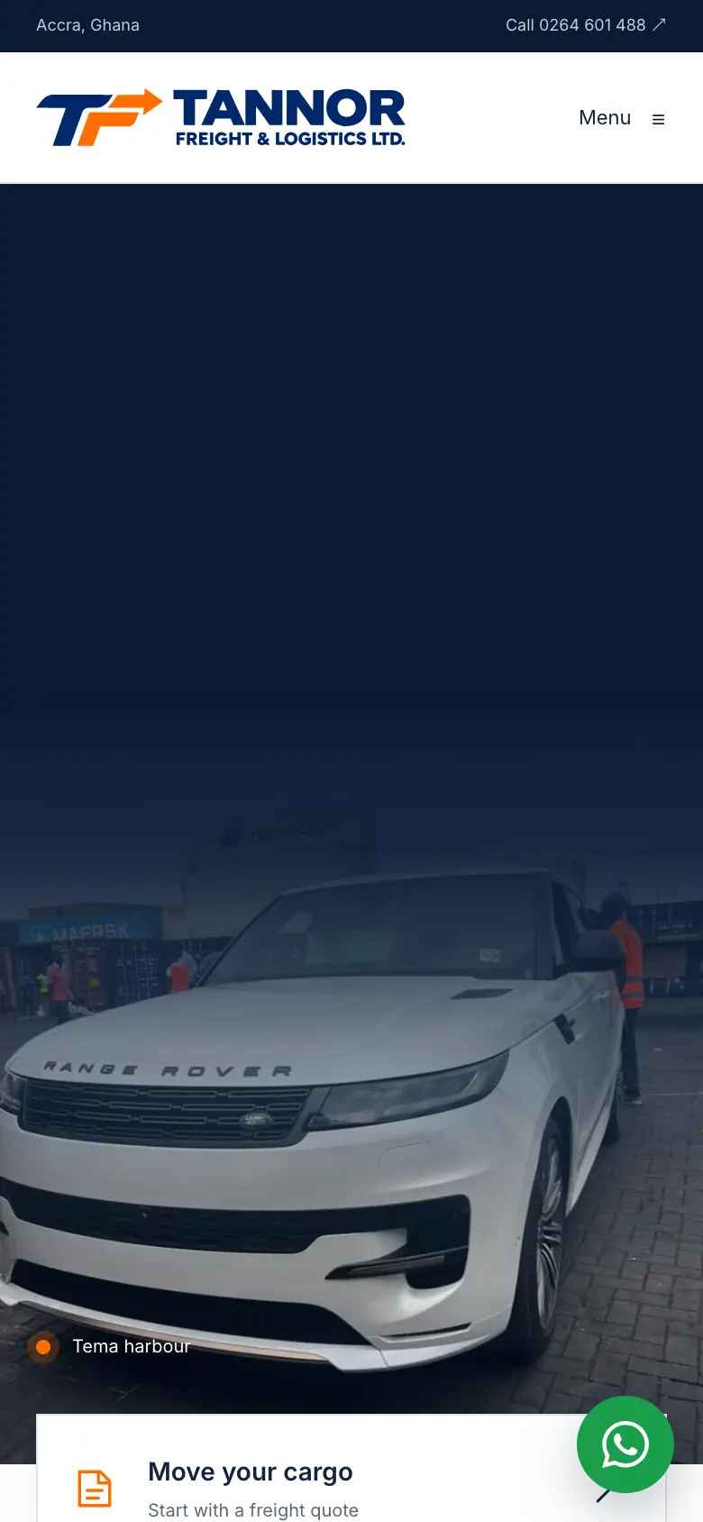 Tannor Freight homepage on a phone, with the Get a quote and Chat on WhatsApp buttons above the harbour photograph.
